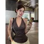 Halter V-Neck Plain Knotted Slim-Fit Tank Top