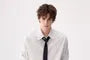 Set: Elbow-Sleeve Pinstriped Button-Up Shirt + Necktie