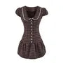 Short-Sleeve Peter Pan Collar Plaid Lace Trim Half-Buttoned Mini A-Line Dress
