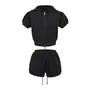Short-Sleeve Zip-Up Plain Crop Hoodie / Drawstring Waist Hot Pants