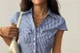 Short Sleeve V-Neck Striped Tie-Back Slim-Fit Shirt