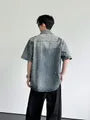 Short Sleeve Collared Washed Faux Pearl Beaded Denim Shirt