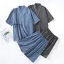 Pajama Set: Elbow-Sleeve Contrast Trim Kimono Top + Shorts