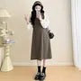 Maternity Mock Two-Piece Long-Sleeve Two Tone Midi A-Line Dress