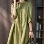 Long-Sleeve Plain Linen Midi A-Line Shirt Dress