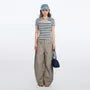 Short Sleeve Crew Neck Striped Cut-Out Twisted Button Front Slim-Fit T-Shirt