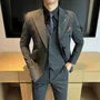 Set: Peak Lapel Plain Double-Breasted Blazer + V-Neck Single-Breasted Vest + High Waist Straight Leg Dress Pants
