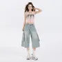 Mid Rise Washed Capri Wide Leg Cargo Jeans