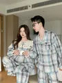 Couple Matching Long Sleeve Contrast Collar Plaid Ruffle Pajama Dress / Long Sleeve Blouse / Shirt / Straight Leg Pants / Set (Various Designs)