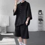 Set: Elbow-Sleeve Henley Plain Oversized T-Shirt + Mid Rise Plain Shorts