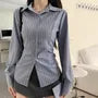 Long-Sleeve Collared Striped Button-Up Slim Fit Blouse