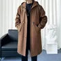 Plain Hooded Drawstring Waist Zip-Up Long Trench Coat