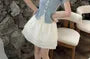 Mock Two-Piece Short-Sleeve Scoop Neck Lace Panel Slit Crop Top / High Waist Layered Mini A-Line Skirt
