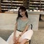 Square-Neck Short-Sleeve Button-Up Ribbed Top