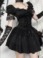 Puff-Sleeve Sweetheart-Neck Plain Lace Ruffle Mini A-Line Dress