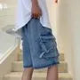 Mid Rise Cargo Denim Shorts