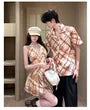 Couple Matching Short-Sleeve Argyle Print Button-Up Shirt / Spaghetti Strap Midi A-Line Dress