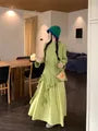 Long-Sleeve Mock Neck Plain Asymmetrical Ruffle Trim Oversized T-Shirt / High Rise Maxi A-Line Skirt