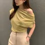 Cap-Sleeve Asymmetrical Neck Off-Shoulder Plain Ruched Tee