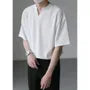 Elbow-Sleeve Notch Neck Plain Ribbed T-Shirt