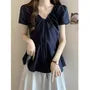 Short Sleeve V-Neck Drawstring Plain Slim-Fit Blouse