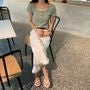 Square-Neck Short-Sleeve Button-Up Ribbed Top