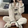 Pajama Set: Collared Bow Coral Fleece Faux Pearl Button Jacket + Straight Leg Pants