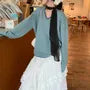 Long-Sleeve V-Neck Striped Knit Top / High Waist Plain Ruffled Midi A-Line Layered Skirt / Dotted Scarf