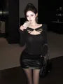 Long-Sleeve V-Neck Plain Cutout Slim Fit T-Shirt / High Waist Faux Leather Mini Pencil Skirt