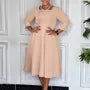 Plus Size 3/4-Sleeve Square-Neck Plain Midi A-Line Dress