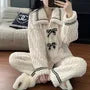 Pajama Set: Collared Bow Coral Fleece Faux Pearl Button Jacket + Straight Leg Pants