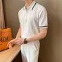 Short-Sleeve Striped Half Zip Ribbed Knit Polo Shirt