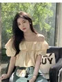 Short-Sleeve Off Shoulder Plain Ruffle Blouse