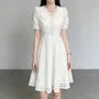 Puff-Sleeve V-Neck Midi A-Line Lace Dress