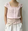 Cap Sleeve Square-Neck Lace-Trim Plain Pleated Slim-Fit Blouse