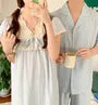 Couple Matching Short-Sleeve V-Neck Striped Lace Panel Midi Pajama Dress / Elbow-Sleeve Lapel Collar Button-Up Top / Shorts / Set