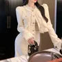 Set: Round Neck Plain Fringed Crop Button Jacket + High Rise Midi Pencil Skirt