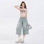Mid Rise Washed Capri Wide Leg Cargo Jeans