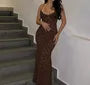 Spaghetti Strap V-Neck Plain Open Back Lace Maxi Mermaid Dress