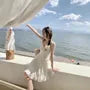 Spaghetti Strap V-Neck Eyelet Lace Panel Frill Trim Tie Front Mini A-Line Dress / Plain Cardigan