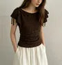 Cap Sleeve Boat Neck Plain Lace Slim-Fit Top
