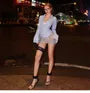 Long-Sleeve Striped Tie-Front Crop Button-Up Shirt / Low Waist Sequined Mini Pencil Skirt