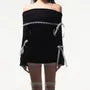 Long-Sleeve Off Shoulder Lace Trim Ribbon Accent Striped Mini Bodycon Dress