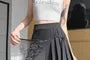 High Waist Plain Pleated Skirt Overlay Panel Lace Wide Leg Pants