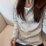 Mock Two-Piece Long-Sleeve Henley Striped T-Shirt
