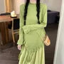Long-Sleeve Mock Neck Plain Asymmetrical Ruffle Trim Oversized T-Shirt / High Rise Maxi A-Line Skirt