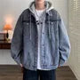 Collared Mock Two-Piece Washed Hooded Button-Up Denim Jacket