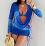 Set: Halter Plain Bikini Top + Tie Side Bottom + Long Sleeve Deep Plunge Cover Up Top + Drawstring Cover Up Skirt