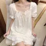 Pajama Set: Short-Sleeve Square Neck Lace Trim Top + Shorts