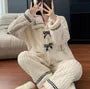 Pajama Set: Collared Bow Coral Fleece Faux Pearl Button Jacket + Straight Leg Pants
